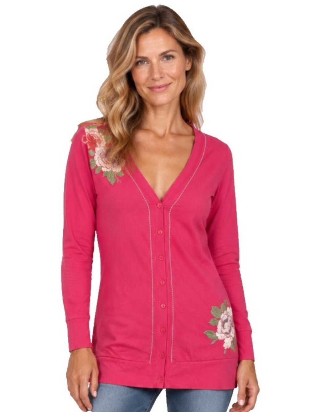JWLA Johnny Was Pink Floral Embroidered Button Up Long Sleeve Tunic Kimono Small